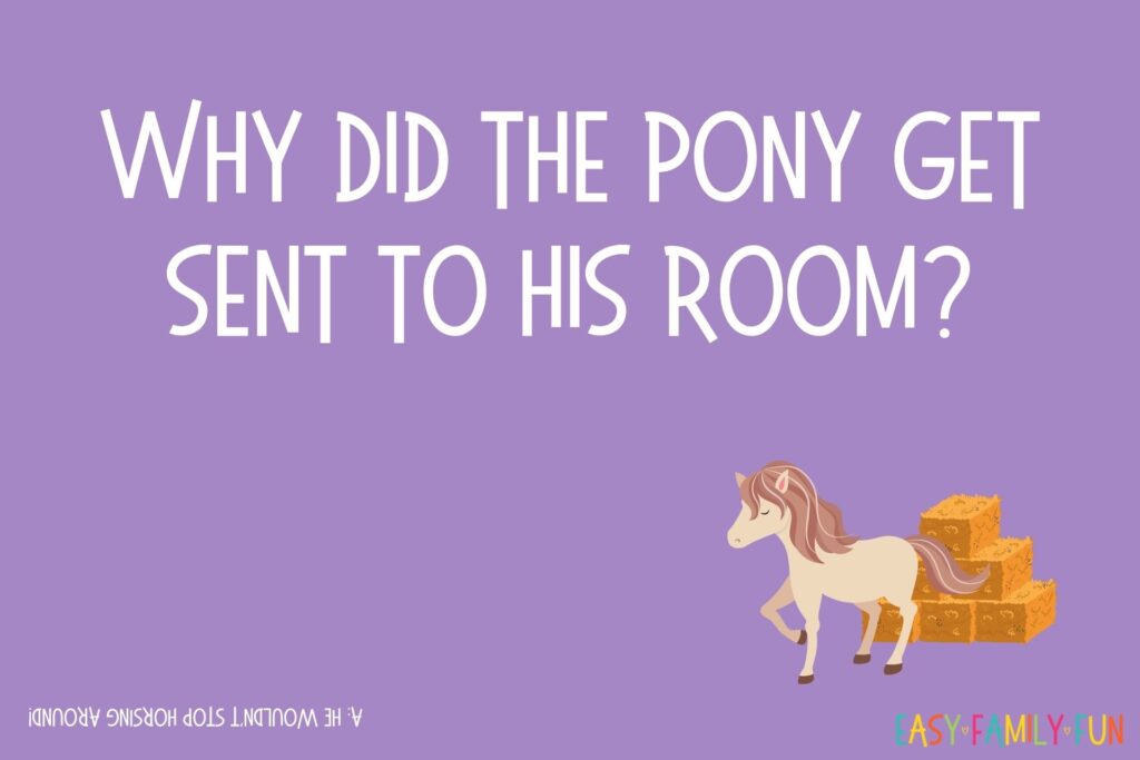 jokes for kids question: Why did the pony get sent to his room?A: He wouldn’t stop horsing around! on a purple background