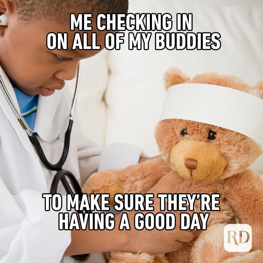 Me checking in on all of my buddies to make sure they're having a good day. Boy checking a teddy bear's heartbeat with a stethoscope. 