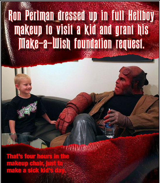 Ron Periman dressed up in full Hellboy makeup to visit a kid and grant his Make-a-Wish foundation request. That's four house in the makeup chair, just to make a sick kid's day. Hellboy sitting on a black couch holding a water bottle with a boy looking at him excitedly next to him. 