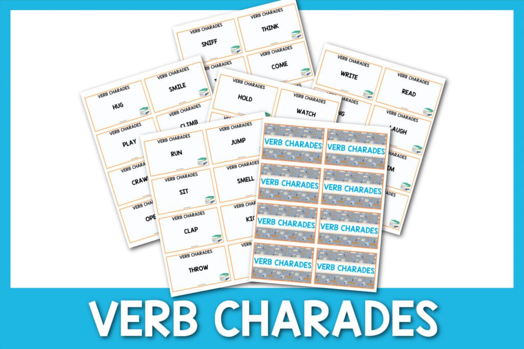 Charade cards with the words Verb Charades at the bottom with a blue border