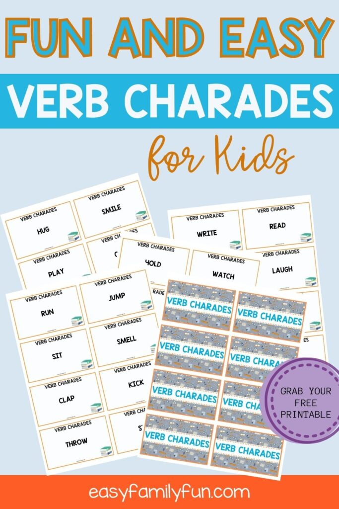 Pinterest image: verb charades for kids on a blue background