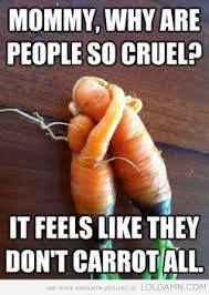 Mommy why are people so cruel? It feels like they don't carrot all. Two small carrots and looks like the smaller one is hugging the bigger one. 