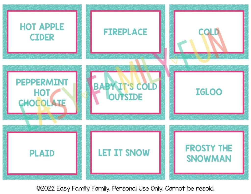 Front on winter charades printable cards