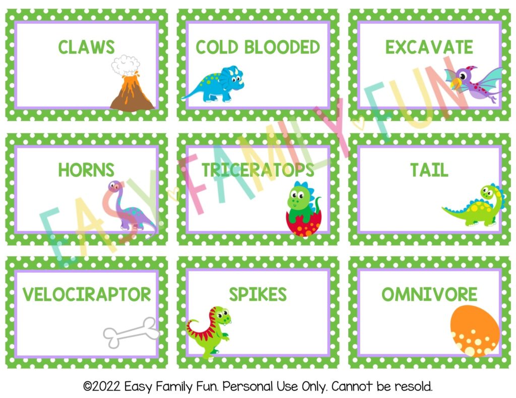 back of dinosaur charades cards with dinosaur images and clues. 