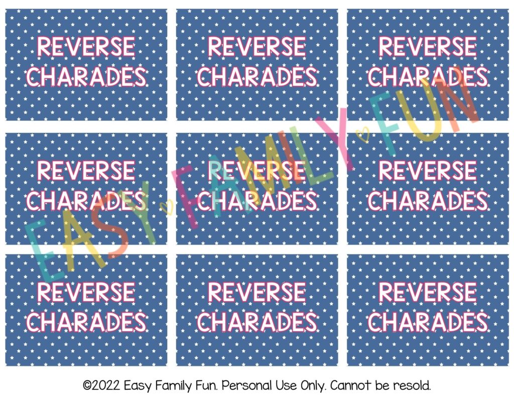 Front of reverse charades cards