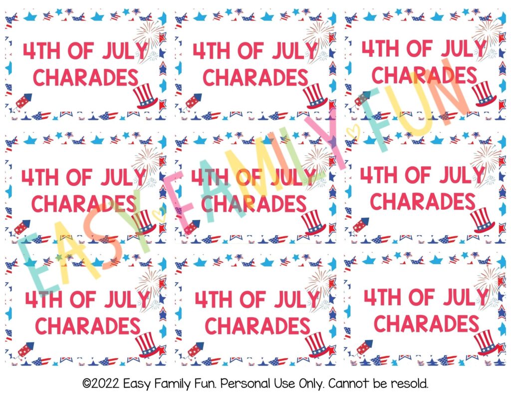 Front of 4th of July charades cards. 