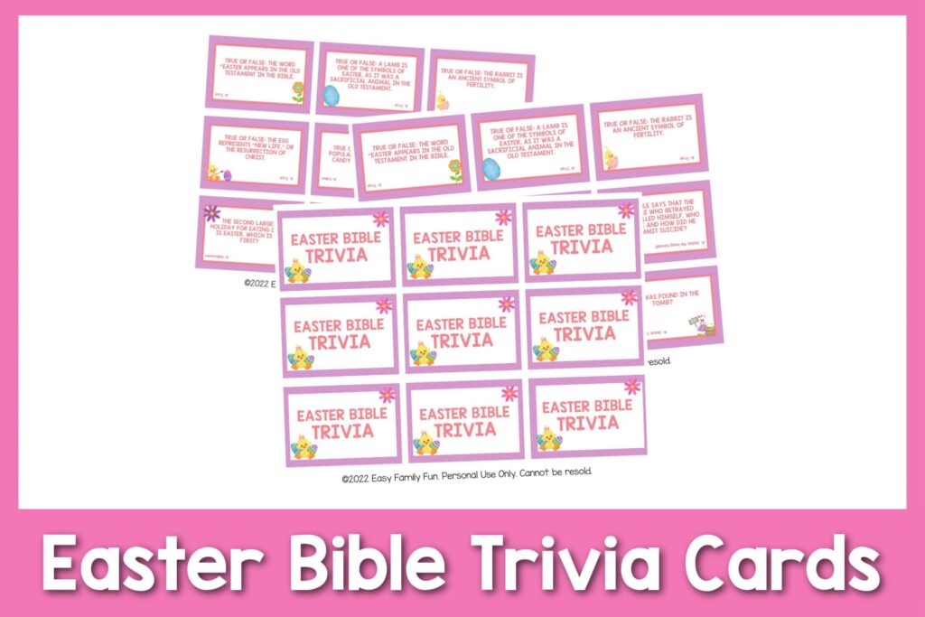 feature image: easter bible trivia card printable with pink border