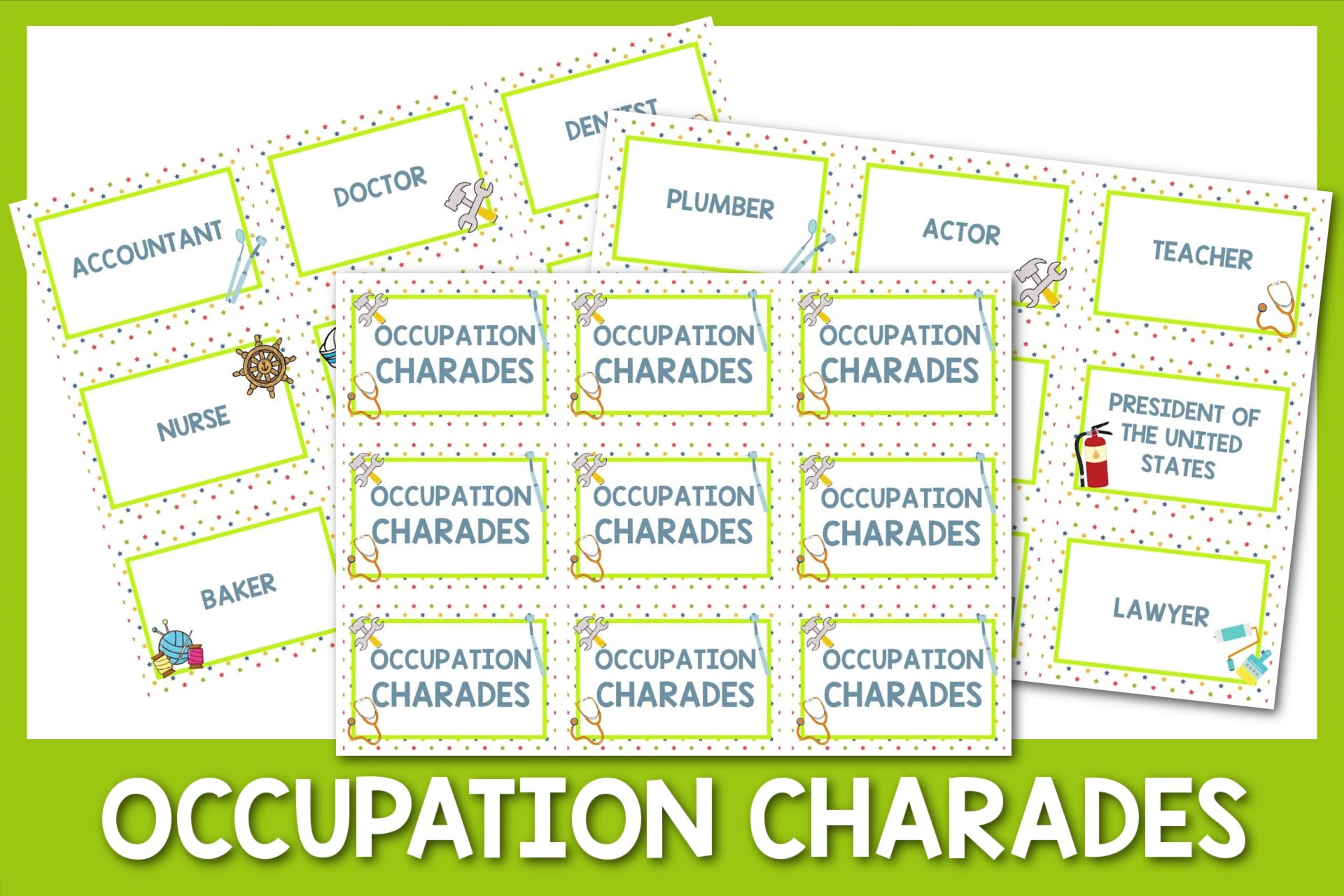 feature image: occupation charades card printable with green border