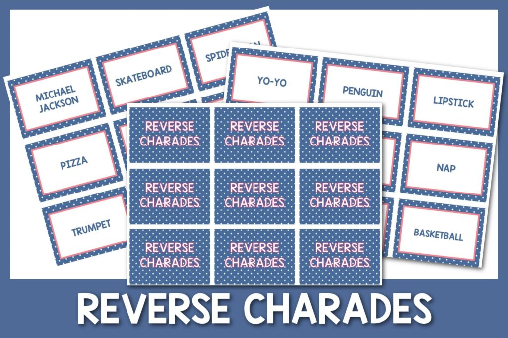 feature image: reverse charades card printable with blue border
