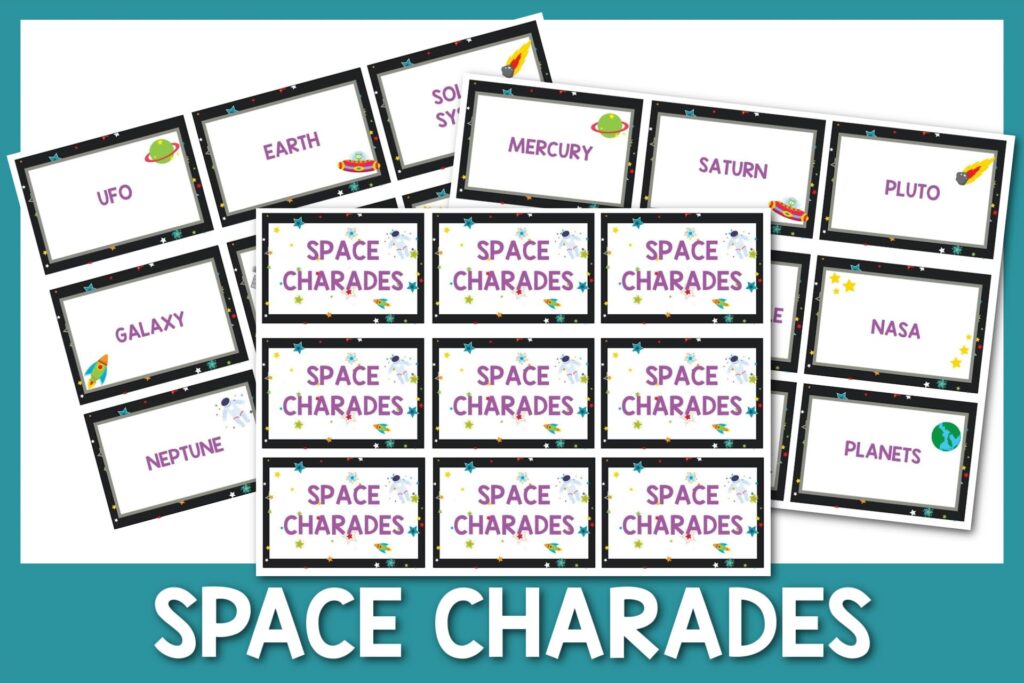 feature image: space charades card printable with blue border