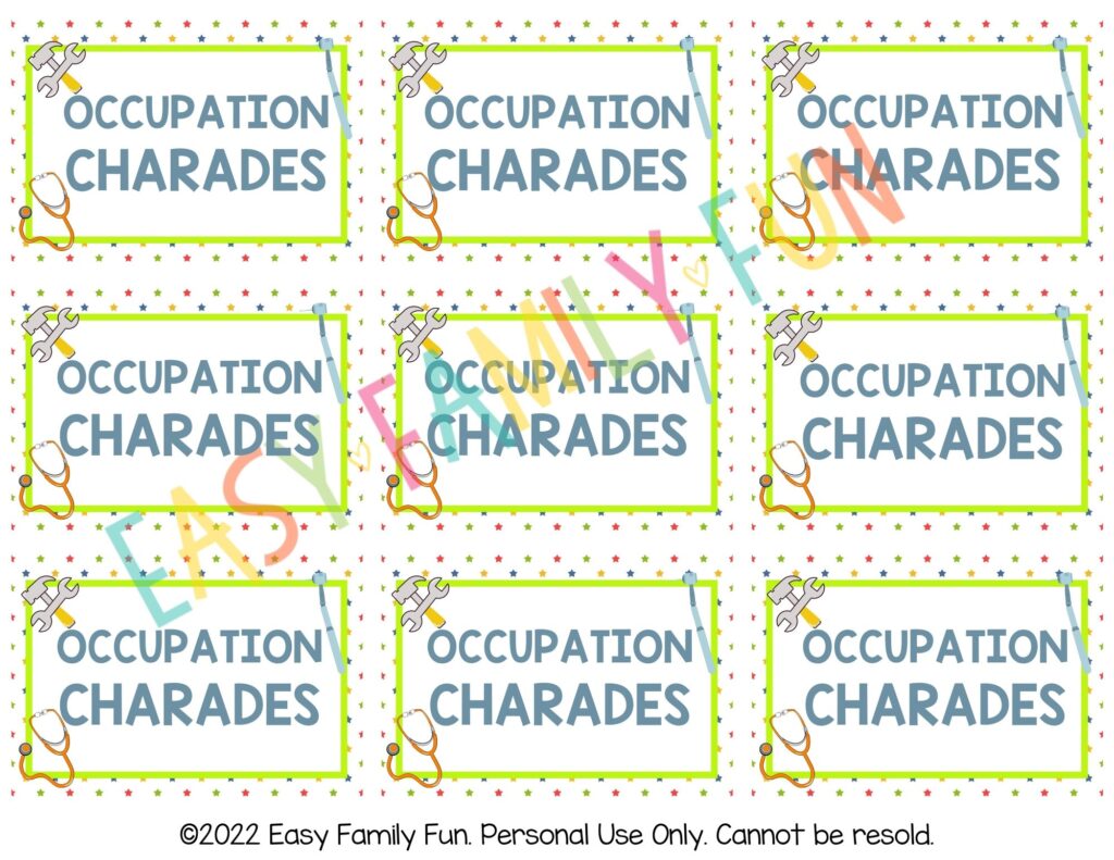 Front of ocupation charades cards