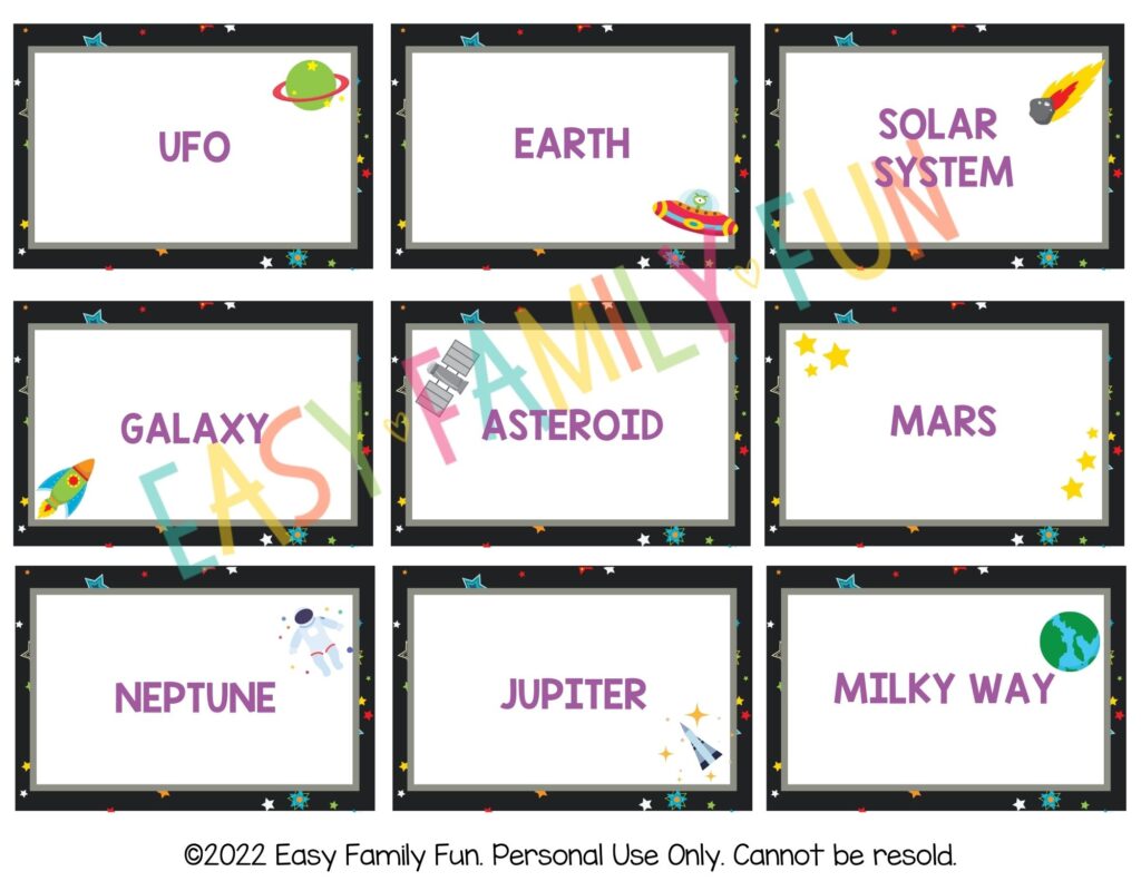Back of space charades cards with clues. Pictures of space on cards. 