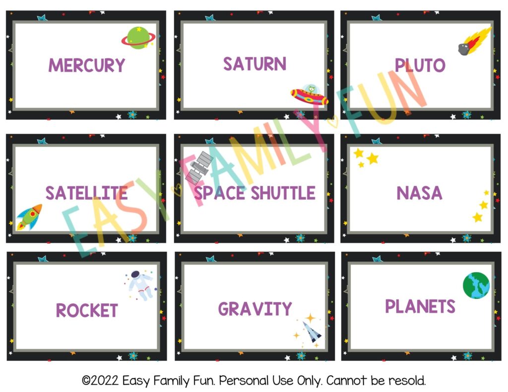back of space charades cards with space images and clues. 
