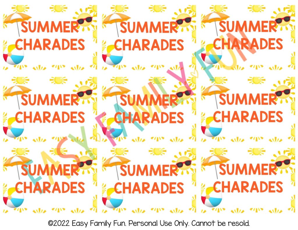 Front of summer charades cards