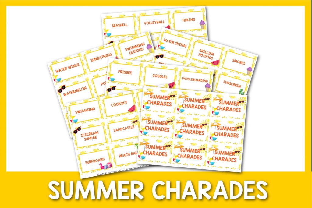 feature image: summer charades card printable with yellow border