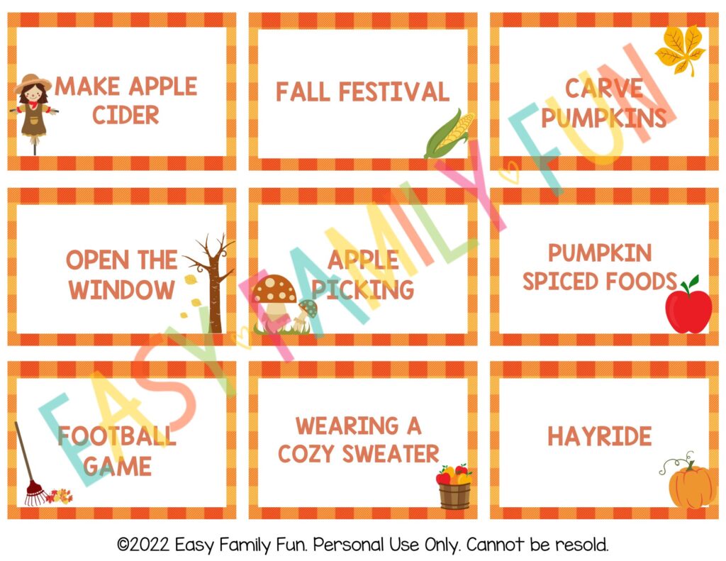 Back of fall charades cards with clues.