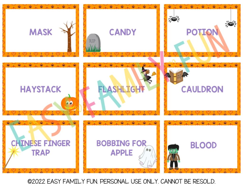 Back of halloween charades cards with clues.