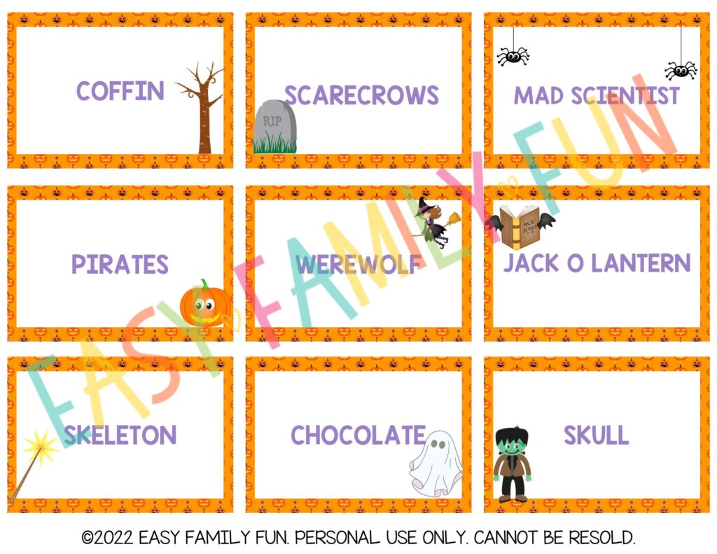 back of halloween charades cards with halloween clues.