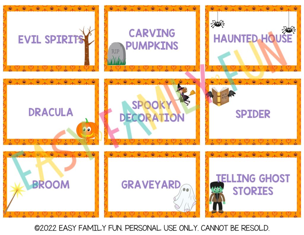 back of halloween charades cards with halloween clues.