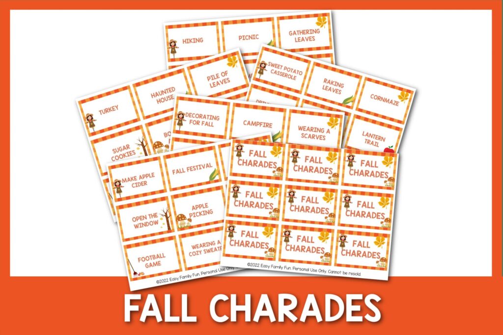 feature image: fall charades card printable with orange border