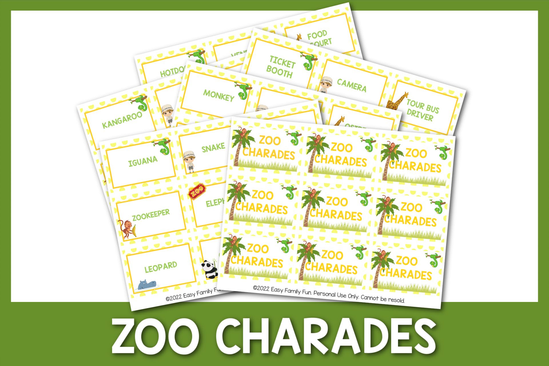 feature image: zoo charades card printable with green border