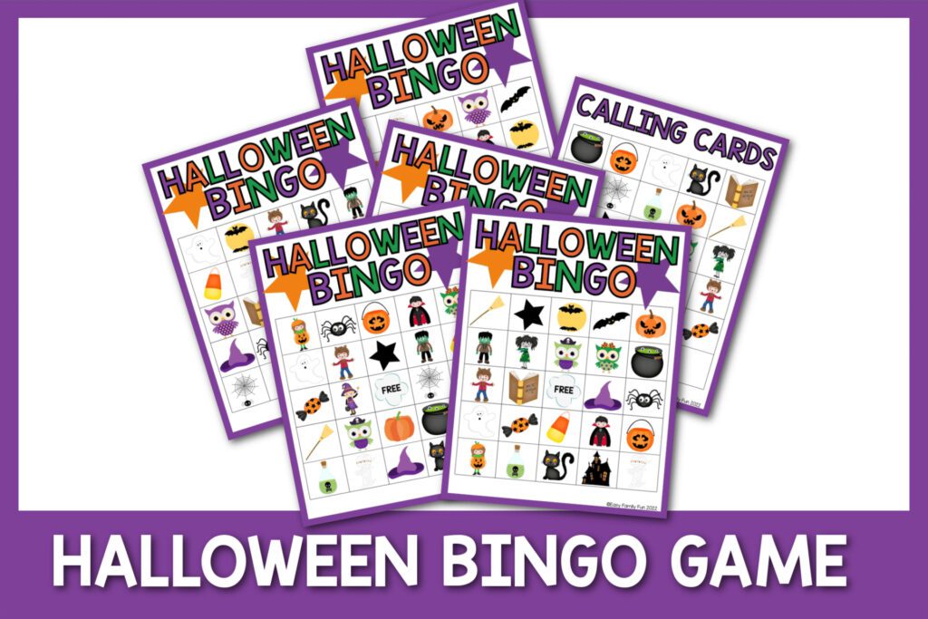 6 Halloween bingo game cards with a purple border and Halloween-themed squares