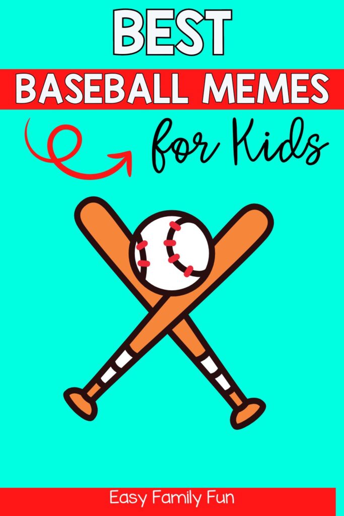 baseball bat that is brown with white baseball with wording that says Best Baseball Memes for kids