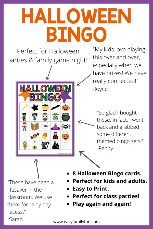 1 Halloween bingo card with facts and testimonials pointing to it.
