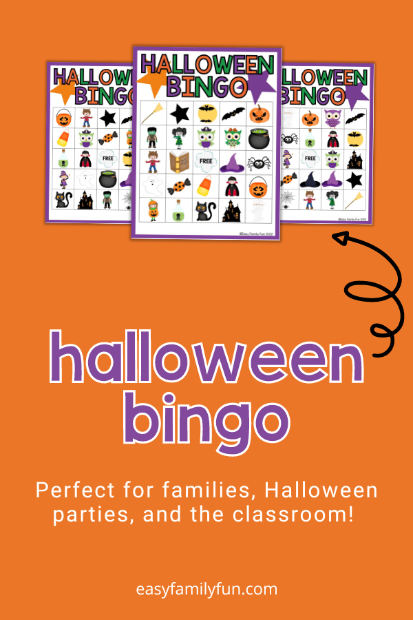 3 Halloween bingo game cards with Halloween-themed squares with a black arrow pointing to them