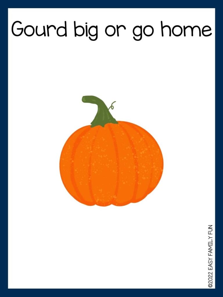 pumpkin pun for kids with orange pumpkin on white background and blue border 