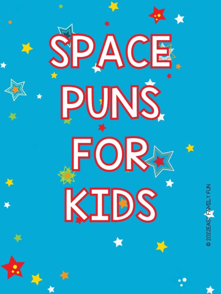 space puns for kids pinterest image on blue background 