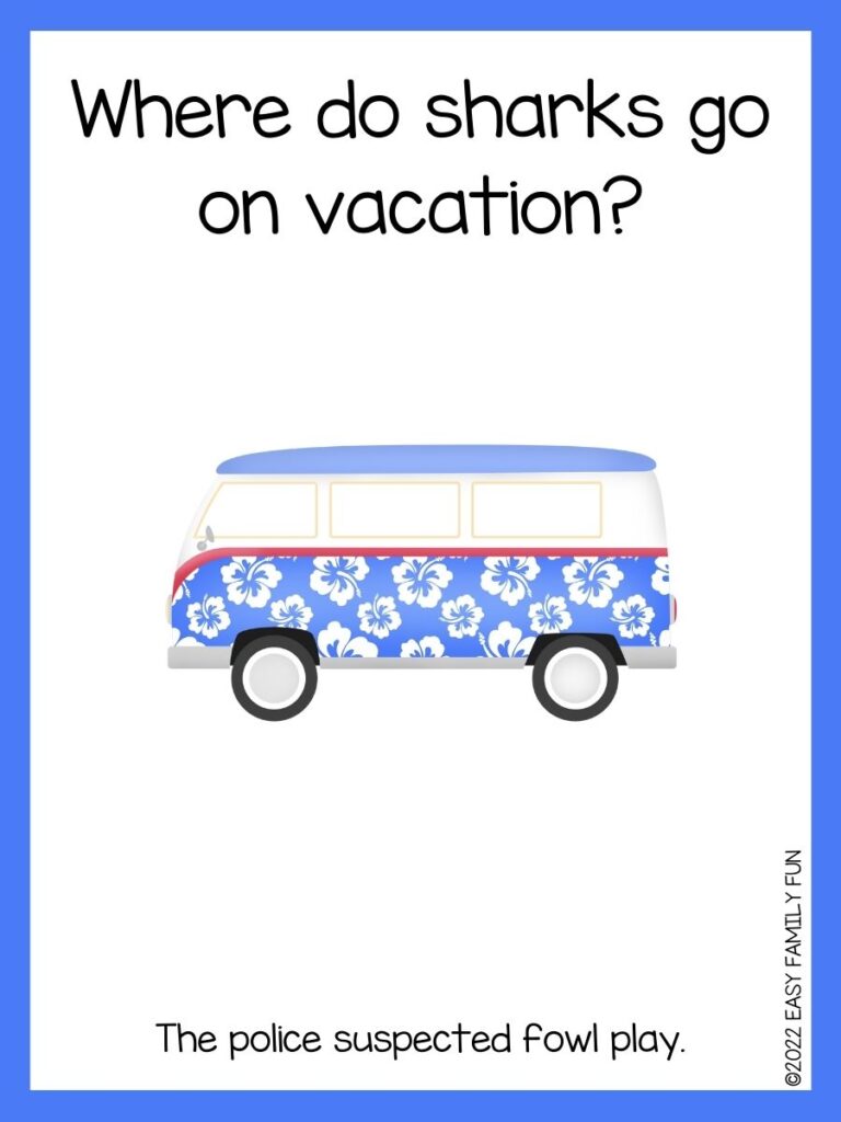 Summer joke: Where do sharks go on vacation? With a blue van on joke card