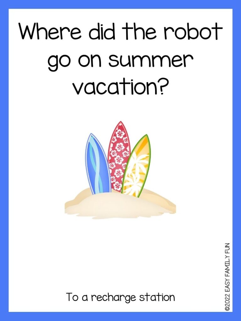 funny kid joke card with blue border and surf boards on image