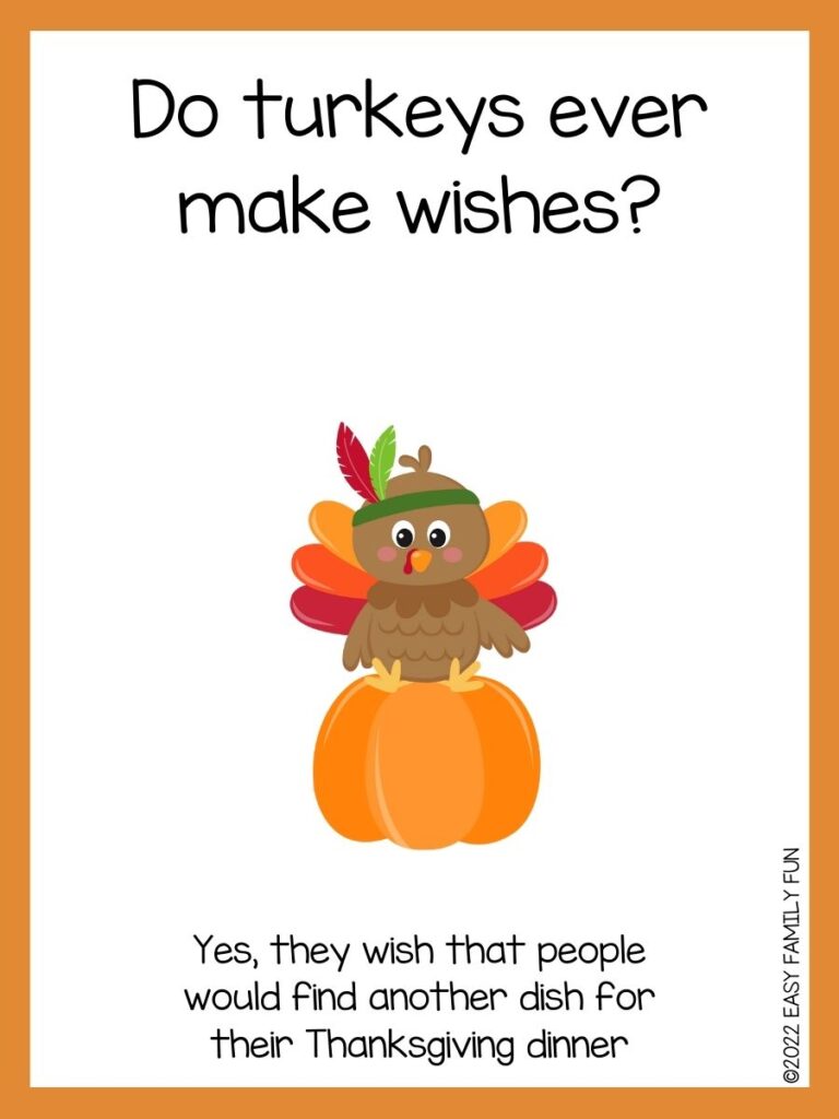 turkey on a pumpkin with a funny kid fall joke