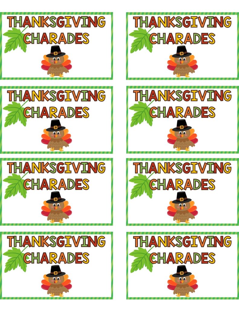 8 Thanksgiving charades cover with green border turkey with hat and green leaf
