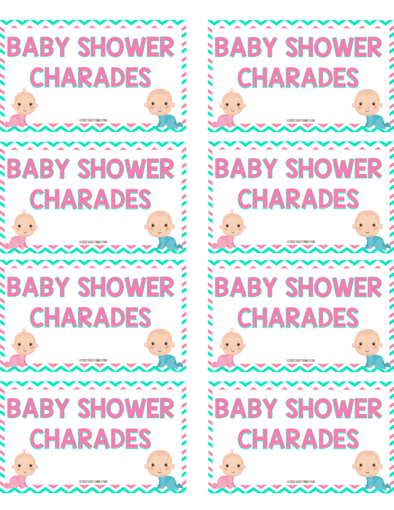 8 baby shower charades covers with pink writing and a pink and blue baby