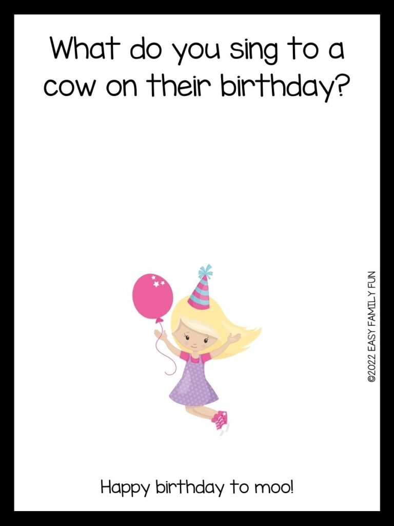 Girl with blonde hair jumping while holding a pink balloon and birthday hat on her head. On White card stock with black border. 