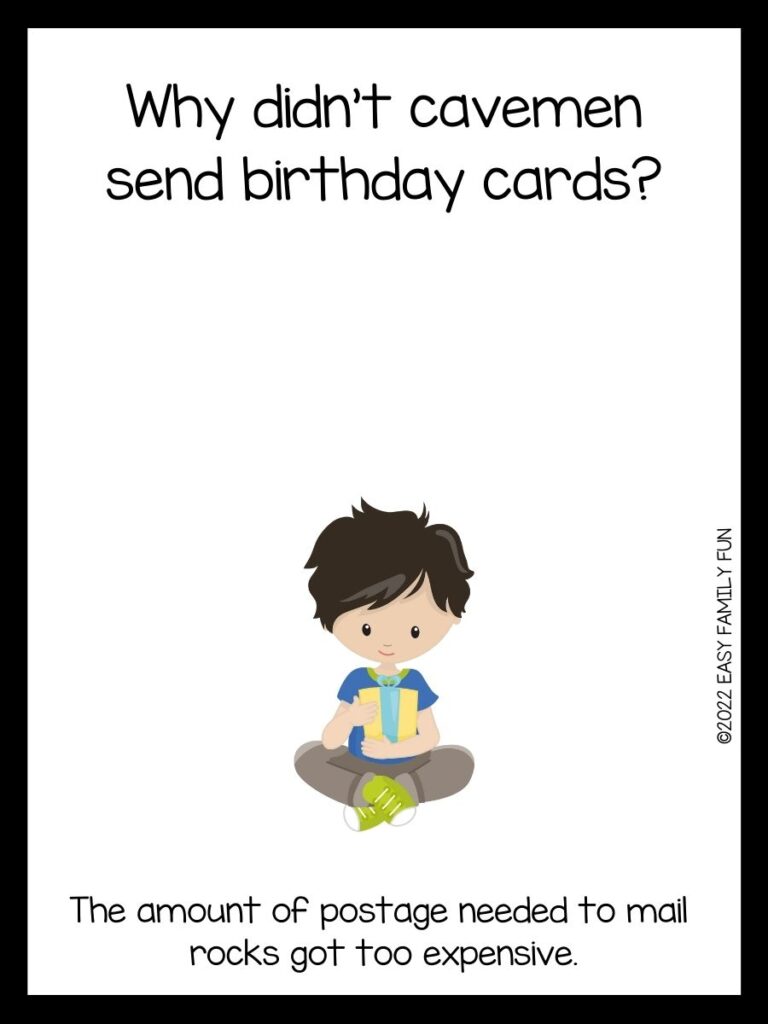 Boy holding a yellow present with a light blue bow. Boy with dark brown hair, blue shirt with green collar, light brown pants, and lime green sneakers. On white cardstock with black border.