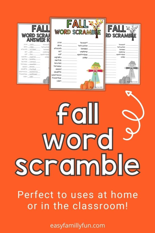 orange background with fall word scramble printable mockup