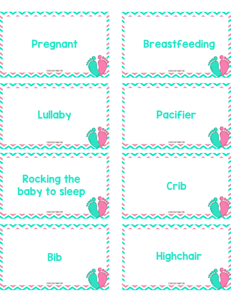 example of 8 baby shower charades clues