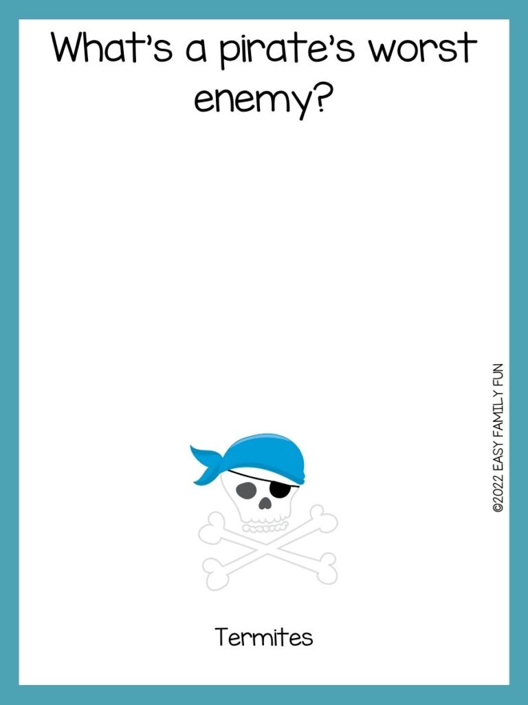 Pirate skull with a black eye patch, blue head rag, and bones in x shape underneath. On white cardstock and a light blue border. 