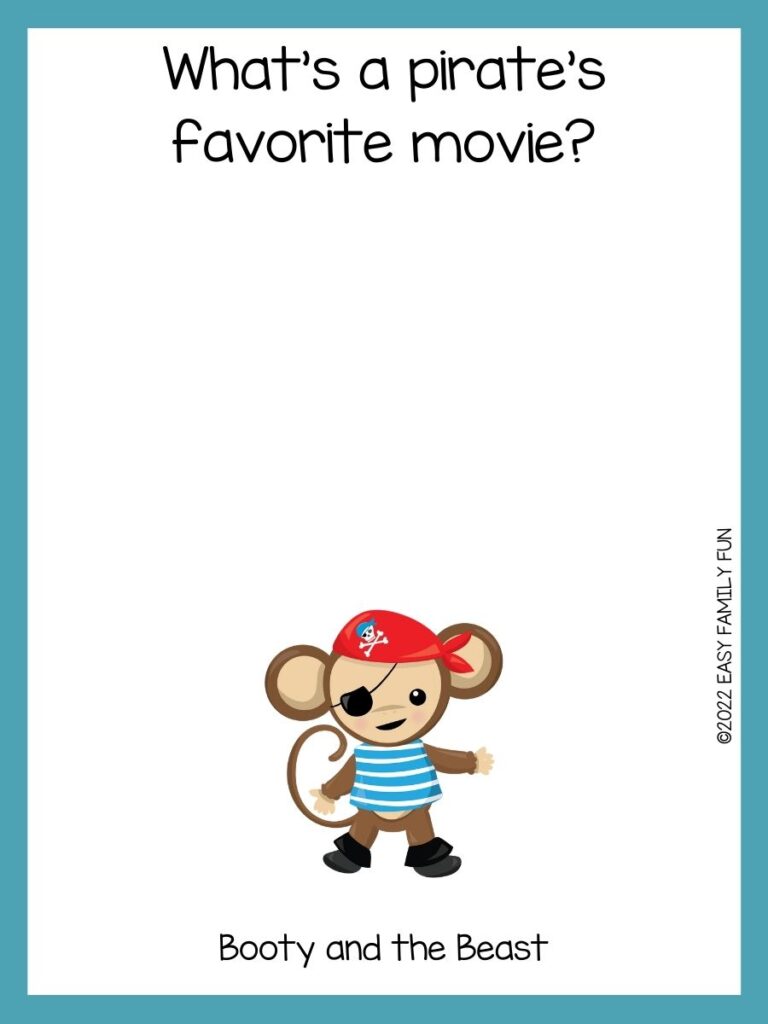Brown pirate monkey with a red head rag, black eye patch, blue and white striped shirt, and black shoe booties. On white cardstock with a light blue border. 