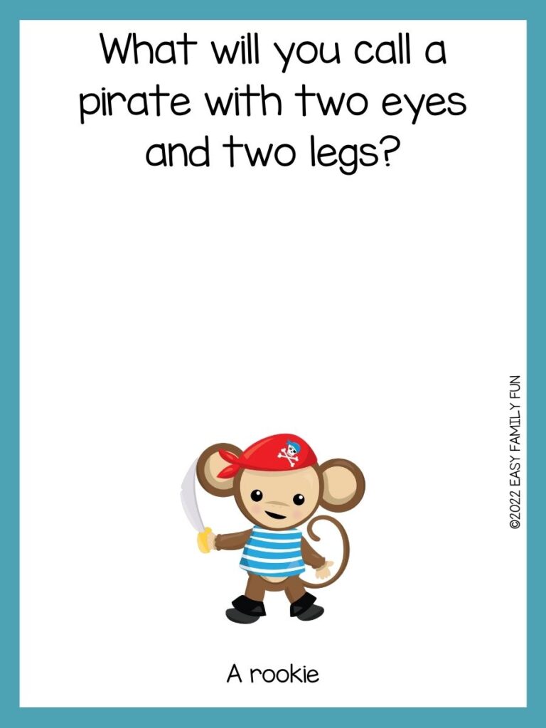 Brown pirate monkey with a red head rag, black eye patch, blue and white striped shirt, and black shoe booties. Holding a pirate sword all on white cardstock with a light blue border. 