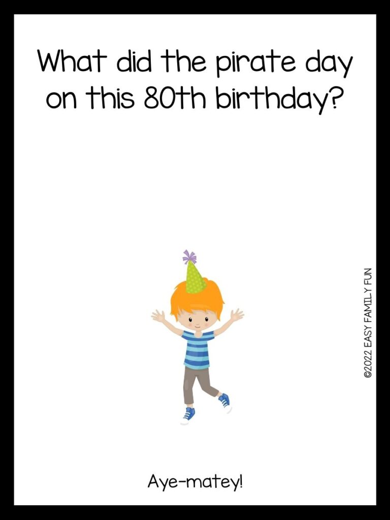 Boy jumping with blue sneakers, gray pants, navy and light blue striped shirt, orange hair, and a green and purple birthday hat. Image on white cardstock with black border. 
