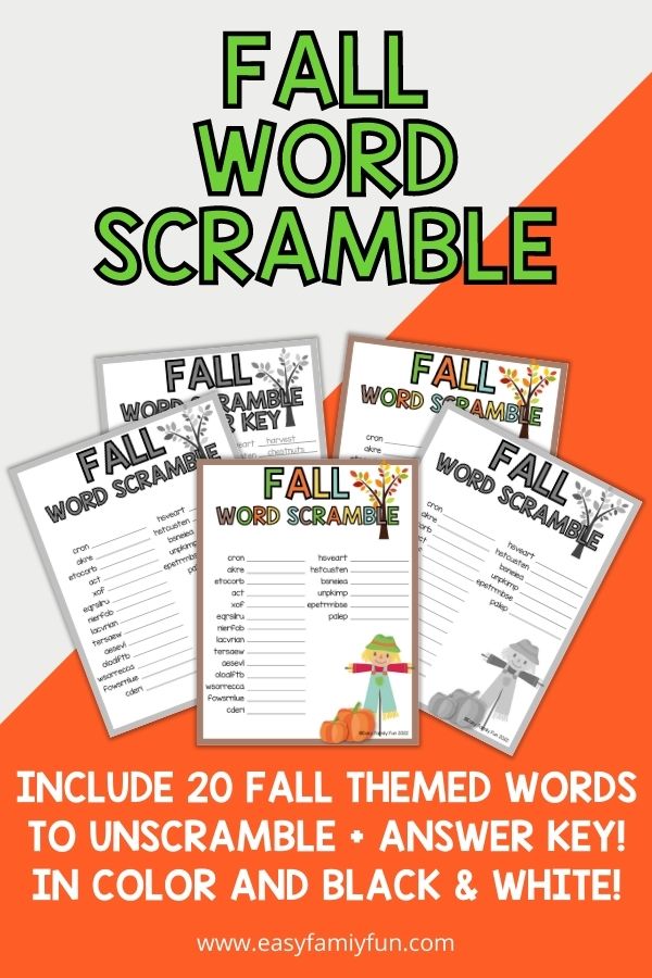 fall word scramble in color with green words