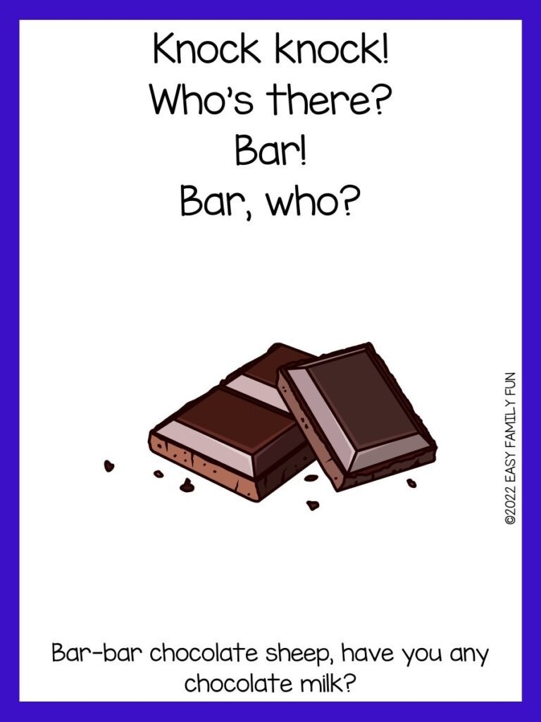 Two dark candy bars with brown crumbs on white cardstock and dark blue border. 