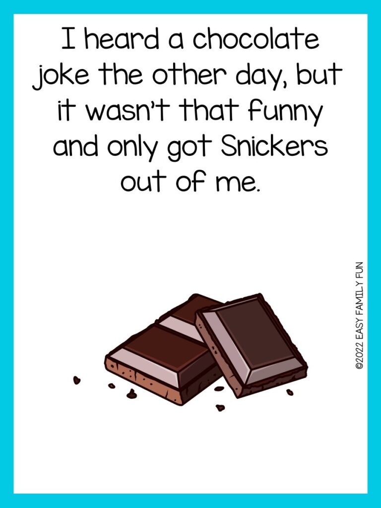Two dark candy bars with brown crumbs on white cardstock and a light blue border. 