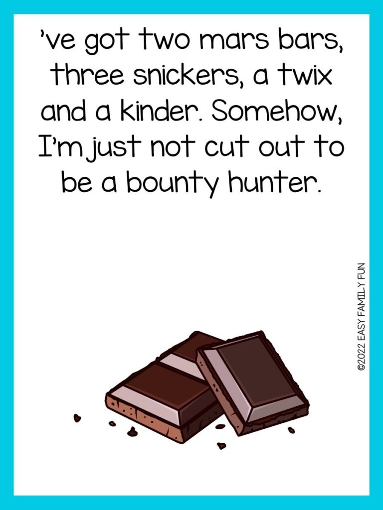 Two dark candy bars with brown crumbs on white cardstock and a light blue border. 