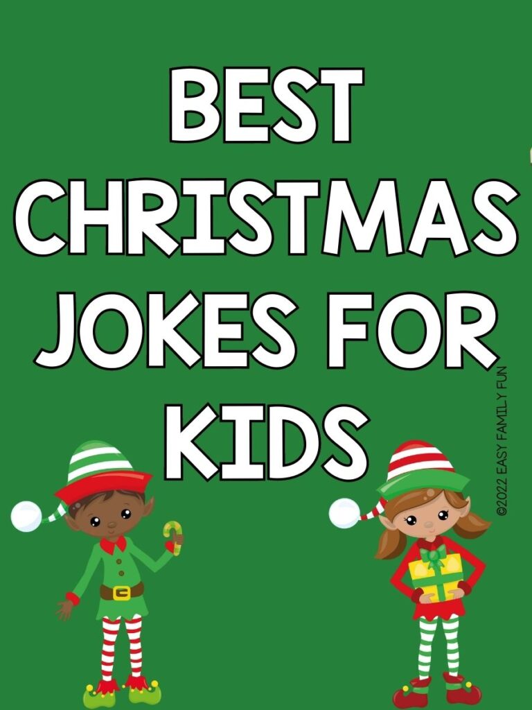 pin image: green background with two Christmas elves with white text that says "best Christmas jokes for kids"