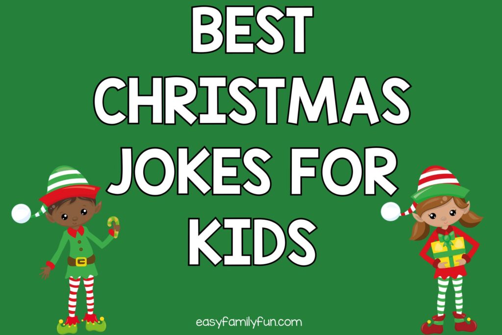 green background with two Christmas elves with white text that says "best Christmas jokes for kids"